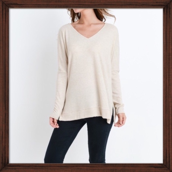 Hacci Brushed Soft VNeck Side Slit Oatmeal Tunic - Picture 7 of 9